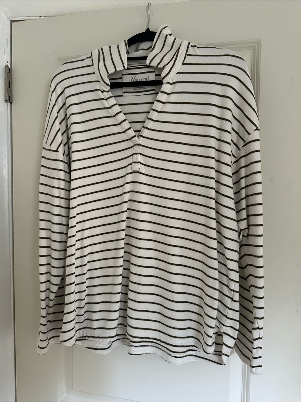 Natural Reflections Olive Green and White Striped V‑Neck Polo Pullover